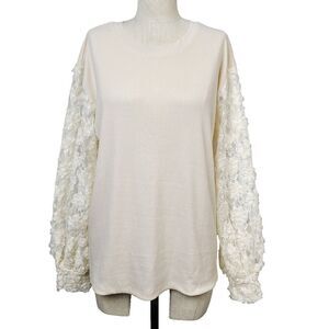 NEW Grace & Emma Top M Cream Ribbed Knit Lace Sleeve Pullover Relaxed Fit Blouse